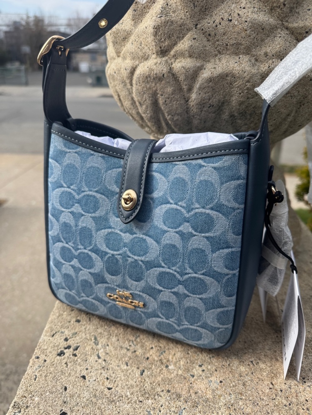 Coach Hadley Blue Denim Signature Jacquard Crossbody with Navy Trim NWT - Picture 7 of 12
